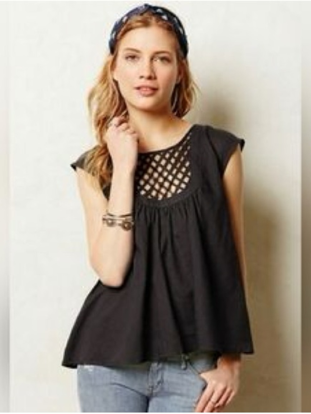 HD in Paris Anthropologie Black Flowy Lattice Pane Neckline Tank 100% cotton Med